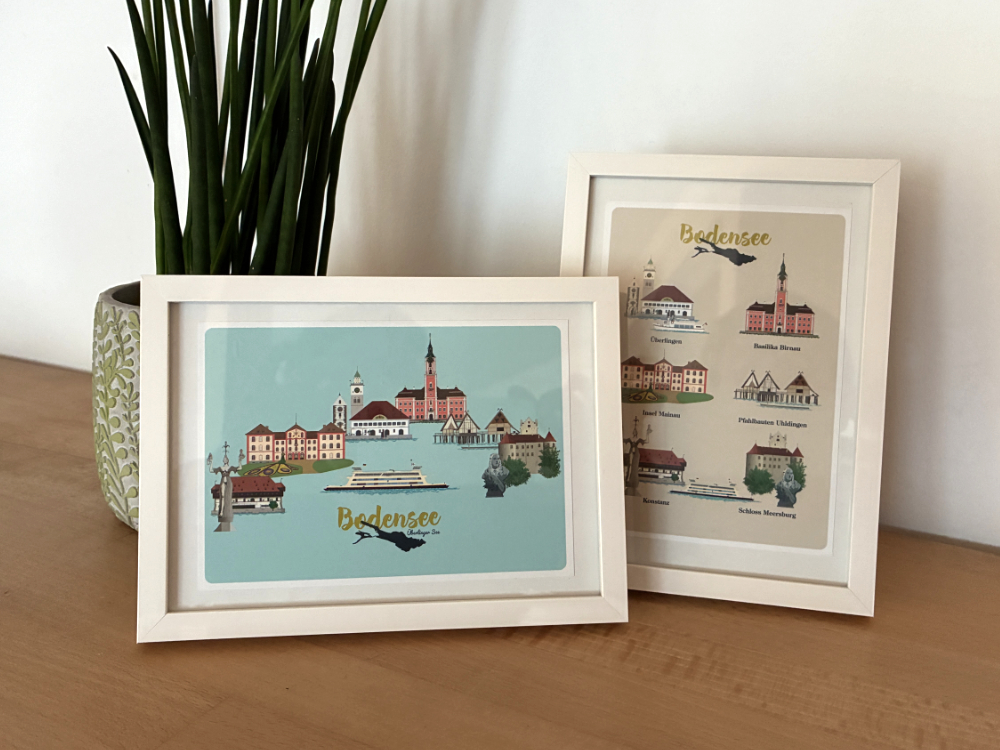 gerahmtes Postkarten-Set Überlinger See mit Konstanz, Insel Mainau, Überlingen, Basilika Birnau, Pfahlbauten, Meersburg und Fähre