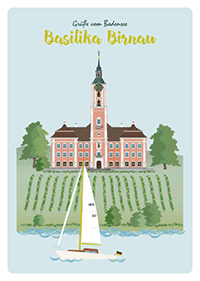 Postkartemit Illustration von der Basilika Birnau, Weinberg und Segelboot