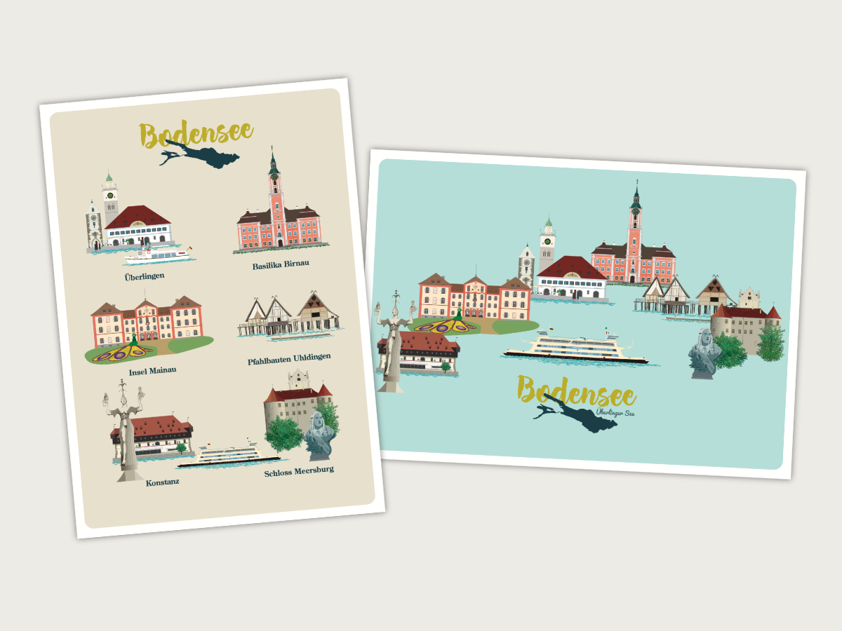 Postkarten-Set Überlinger See mit Konstanz, Insel Mainau, Überlingen, Basilika Birnau, Pfahlbauten, Meersburg und Fähre