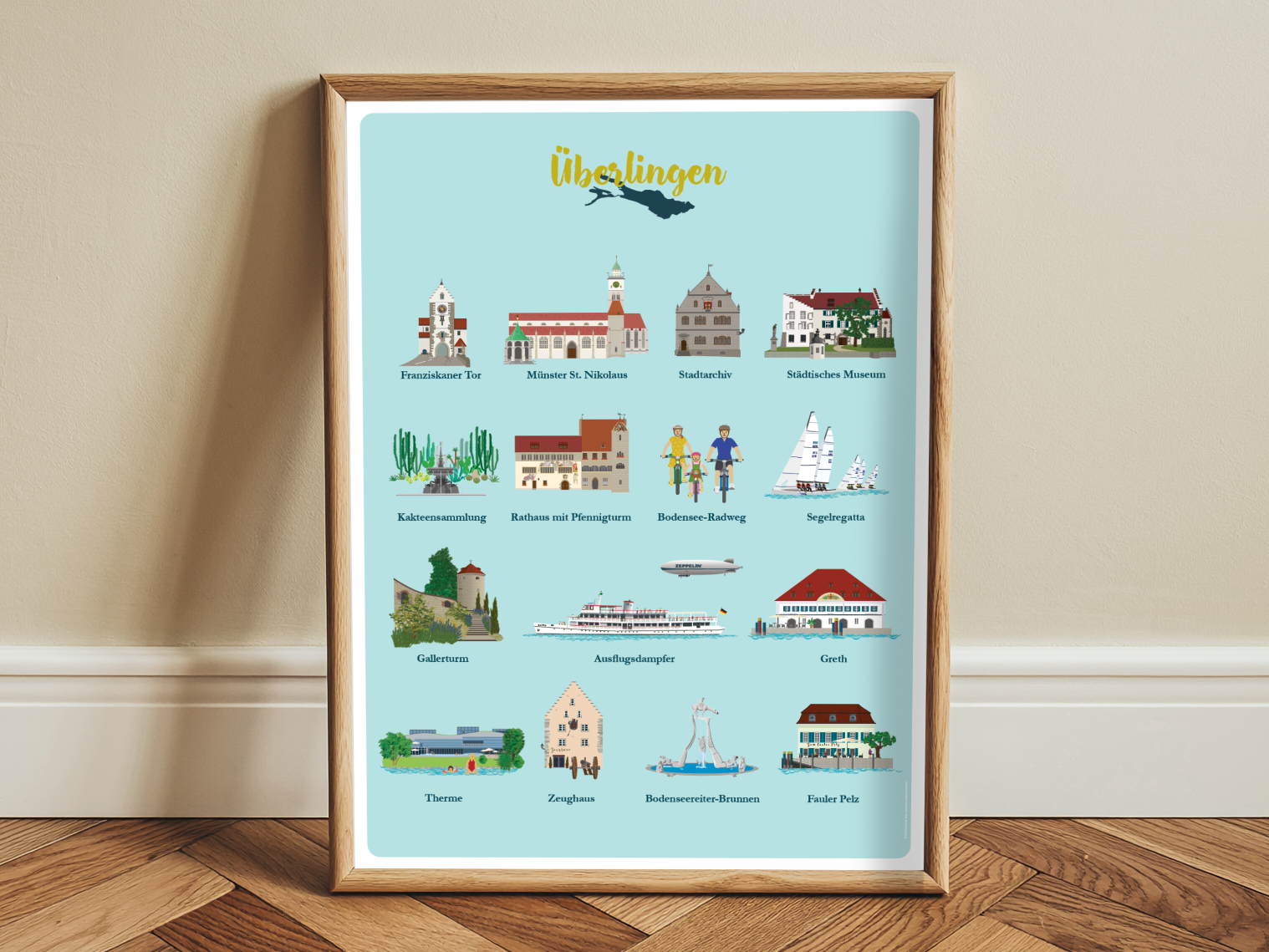 Bodenseeposter mit 15 Sehenswürdigkeiten von Überlingen von Smallstuff.
